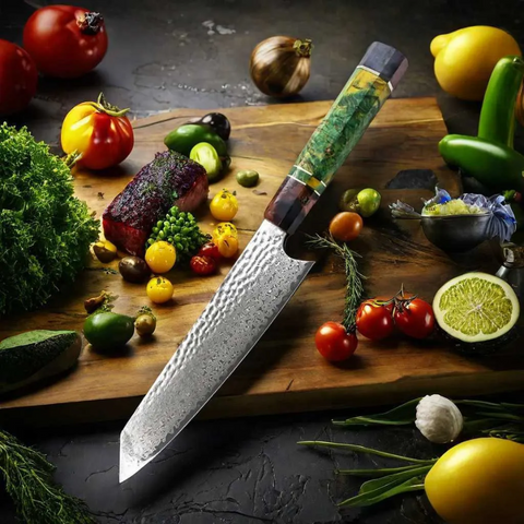 8 Damascus Nakiri Chef Knife – 67-Layer Japanese Steel, Colored Wood Handle