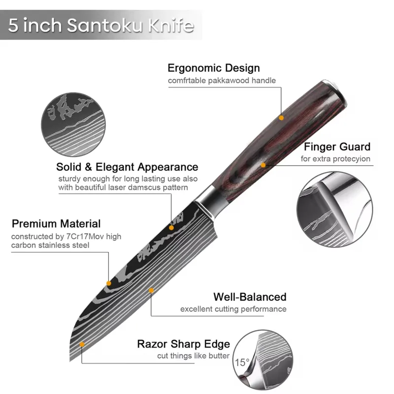 Santoku Japanese Kitchen Knives Damascus Pattern Professional Cooking - Ben Knives™