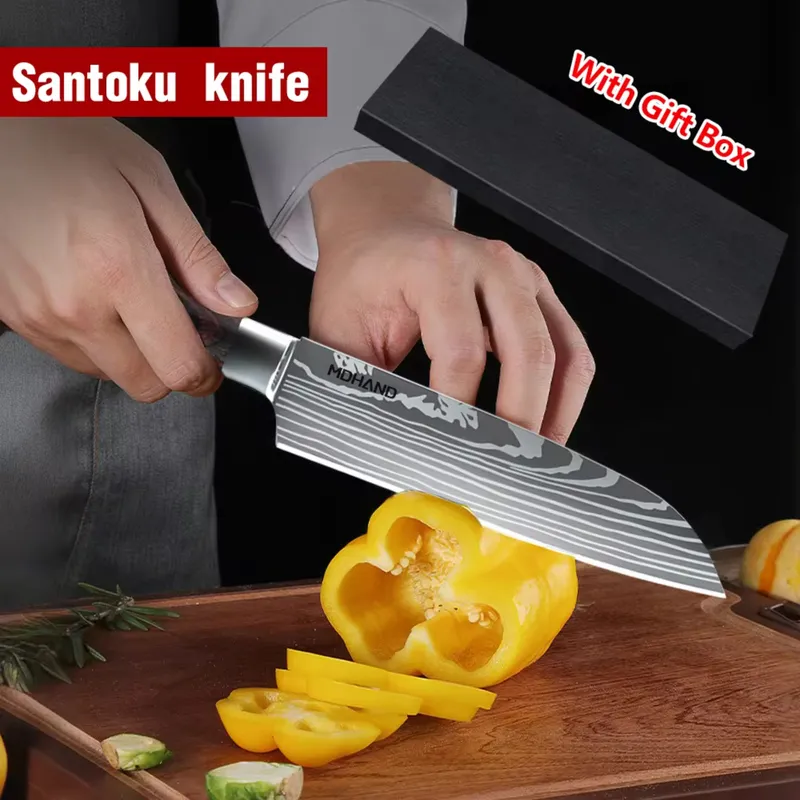 Santoku Japanese Kitchen Knives Damascus Pattern Professional Cooking - Ben Knives™